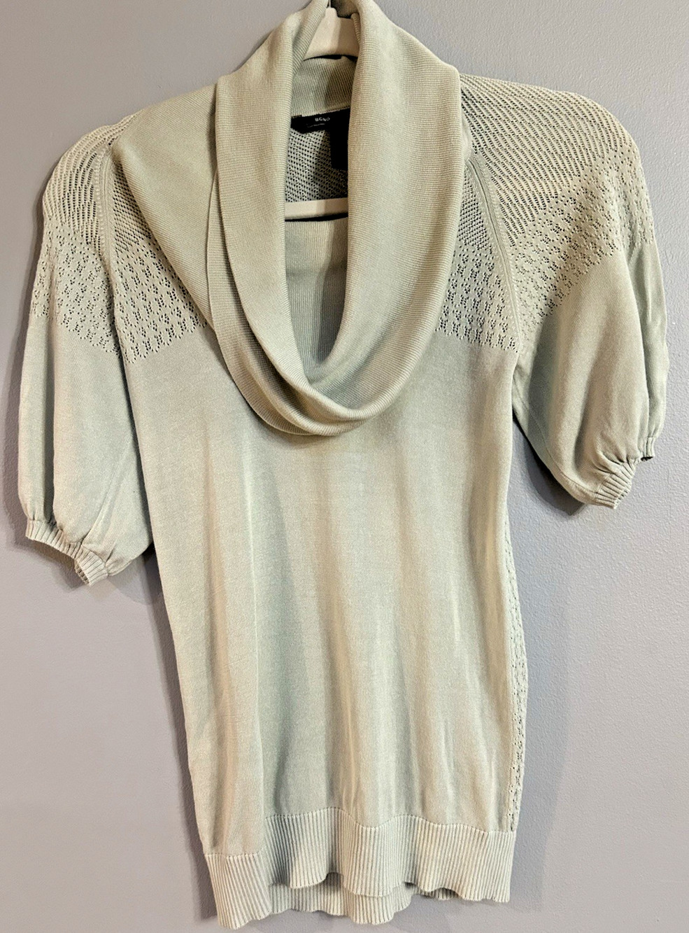BCBGMAXAZRIA Women's Cowl Neck Knit Shirt Top S Boho Openwork Elevated Basics